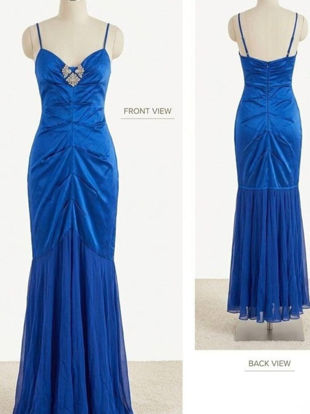 Cache Royal Blue Satin Mermaid Evening Gown with Embellished Brooch, Size 2